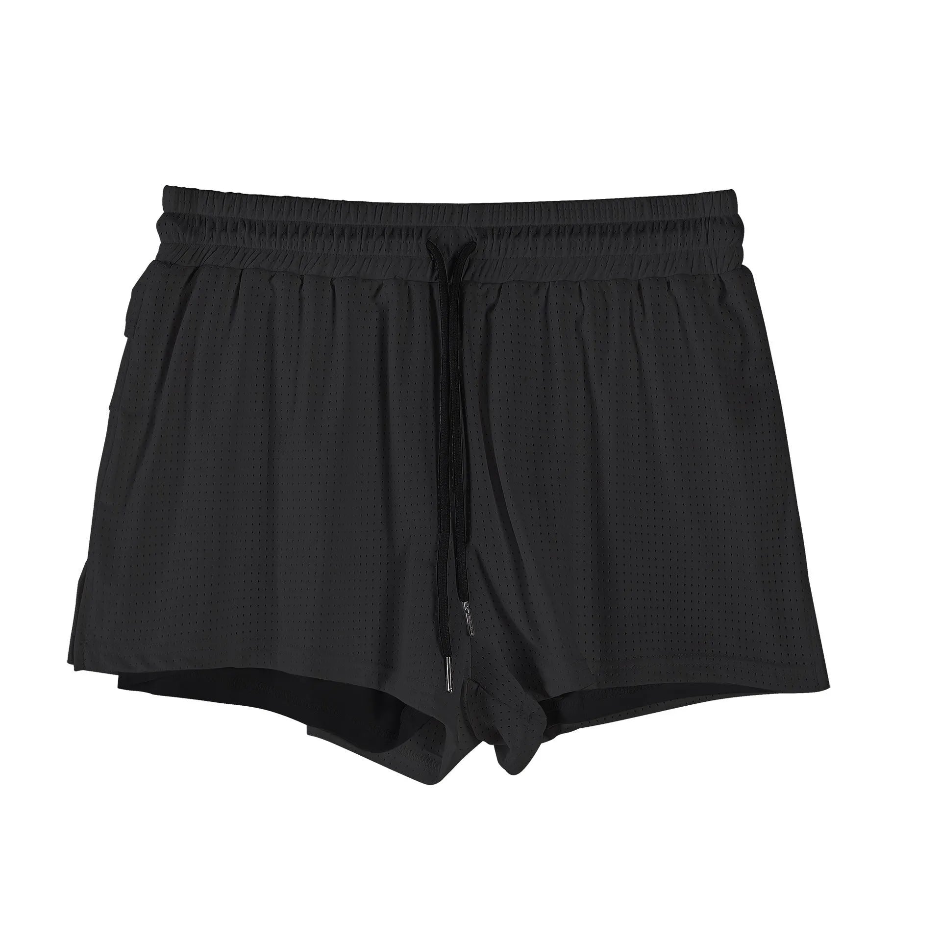 Men's white and black quick-drying nylon sports shorts on a size chart background.
