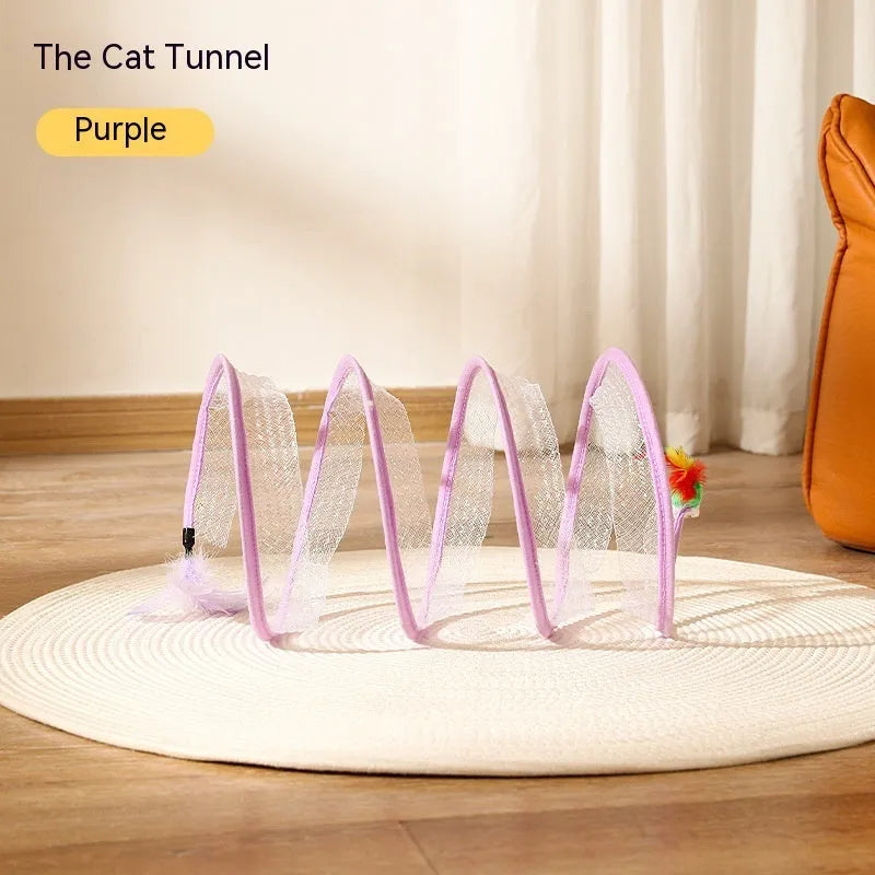 Folded cat tunnel S type in striped pattern with mouse and feather attachments on each end