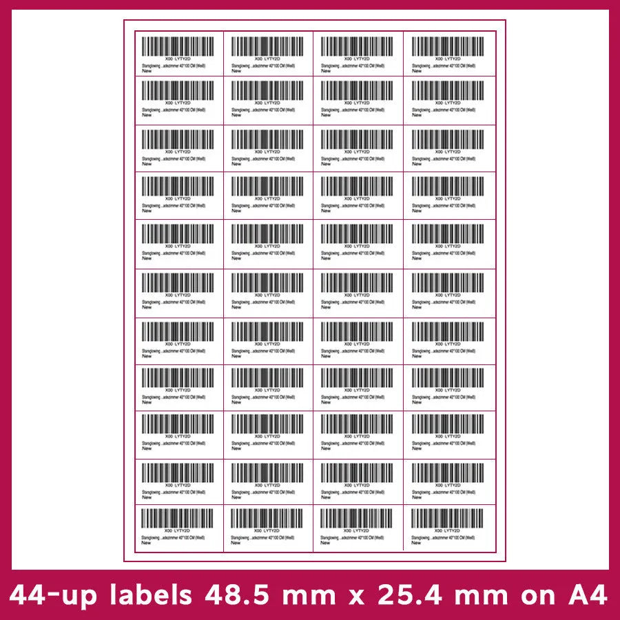 Pack of A4 FBA label paper sheets showing various pre-printed grid formats for barcodes.