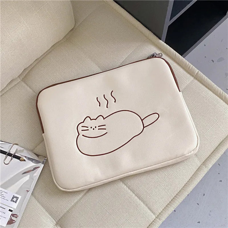 Embroidered cat design tablet protective sleeve with zipper opening in nylon material