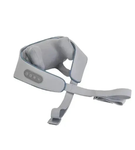 Milky white rechargeable shoulder and neck kneading massager with USB charging cable.