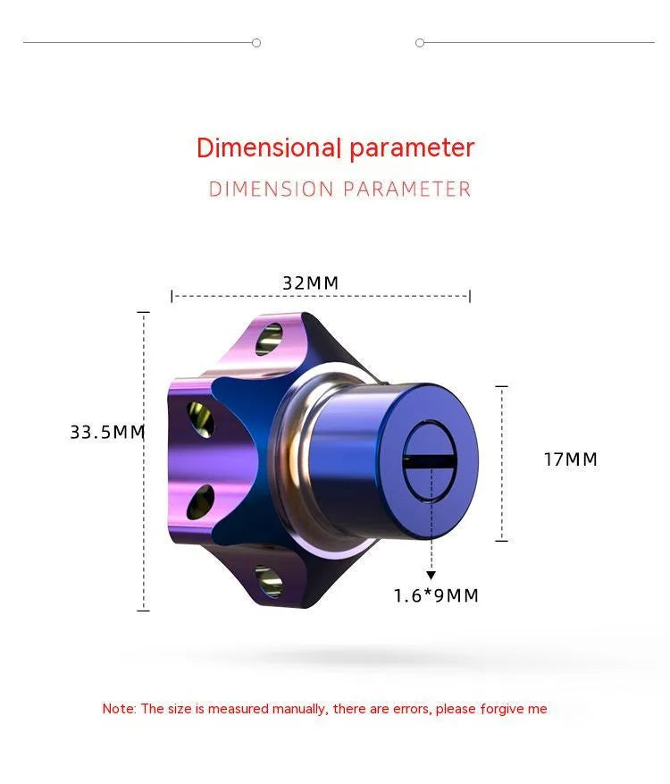 T6 aluminium motorcycle key cover in hexagonal, pentagram, and plum blossom designs with blue and white keychain.
