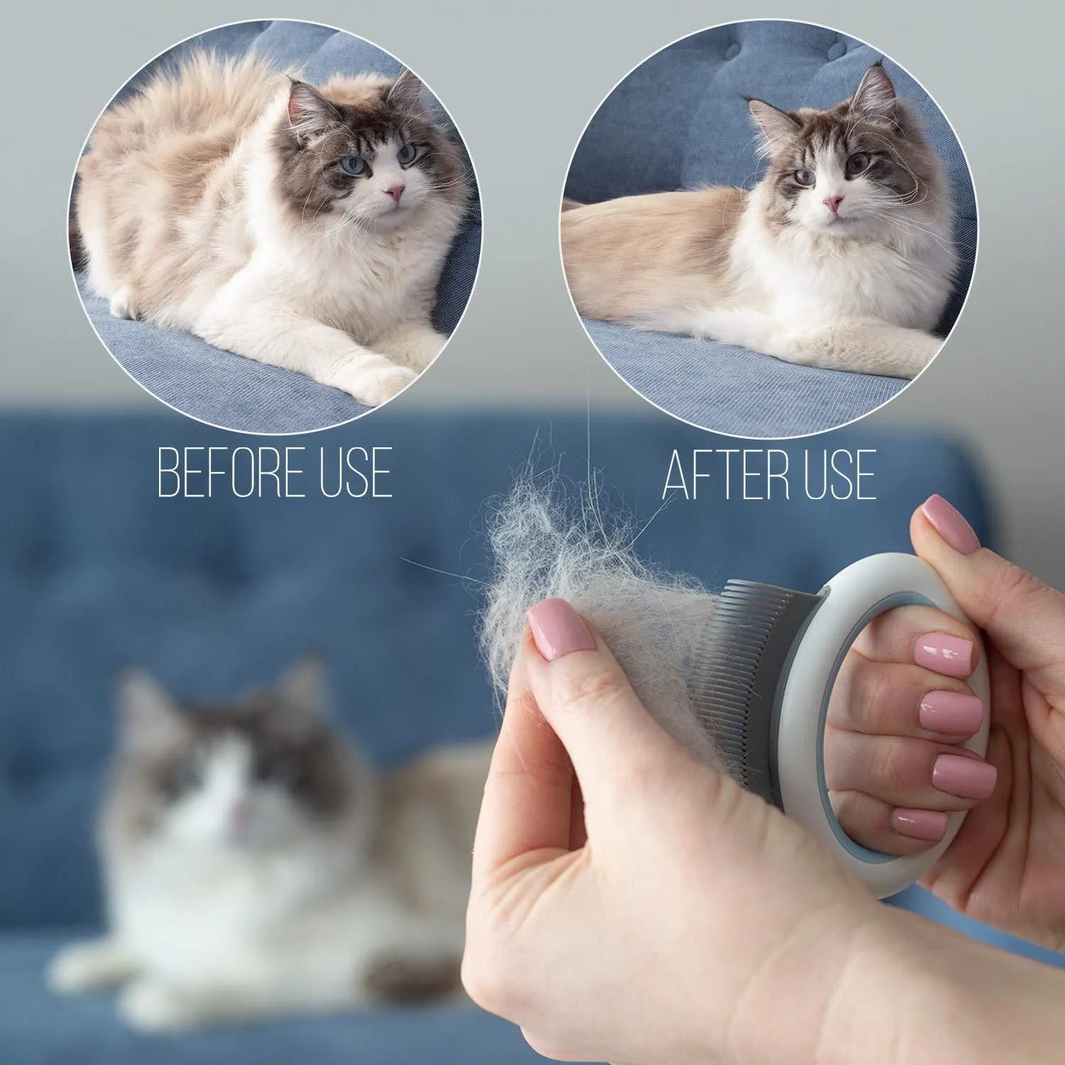 Blue plastic pet grooming comb with soft teeth for removing cat and dog hair