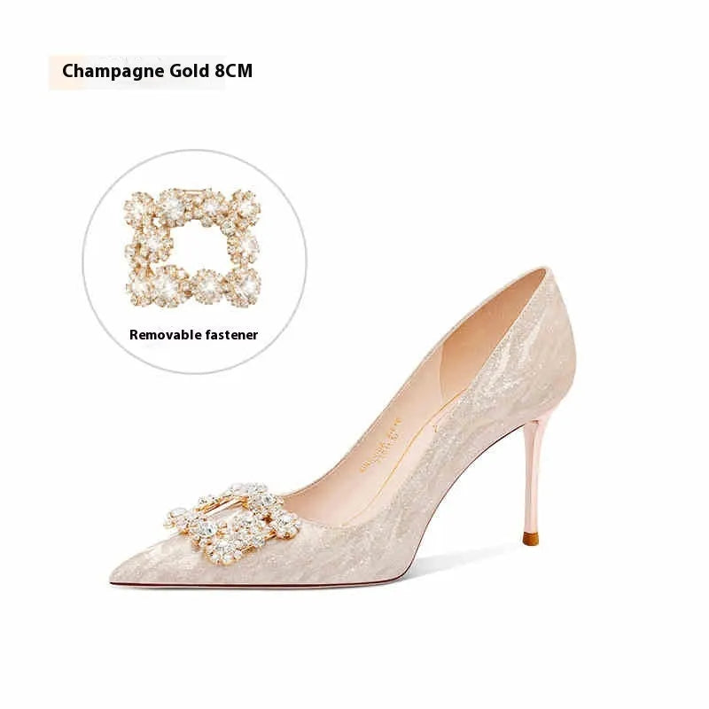 Champagne gold women's leather high heel pumps with pointed toe, stiletto heel, and rhinestone decoration.