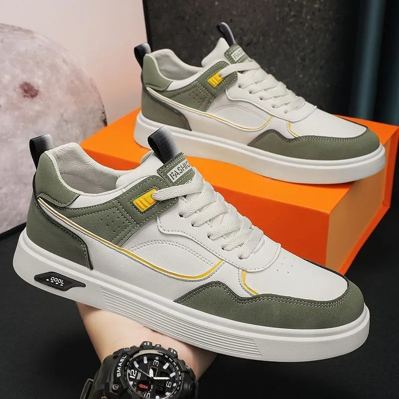 Men's low-top canvas board shoes in beige with leather stitching and a mesh lining.