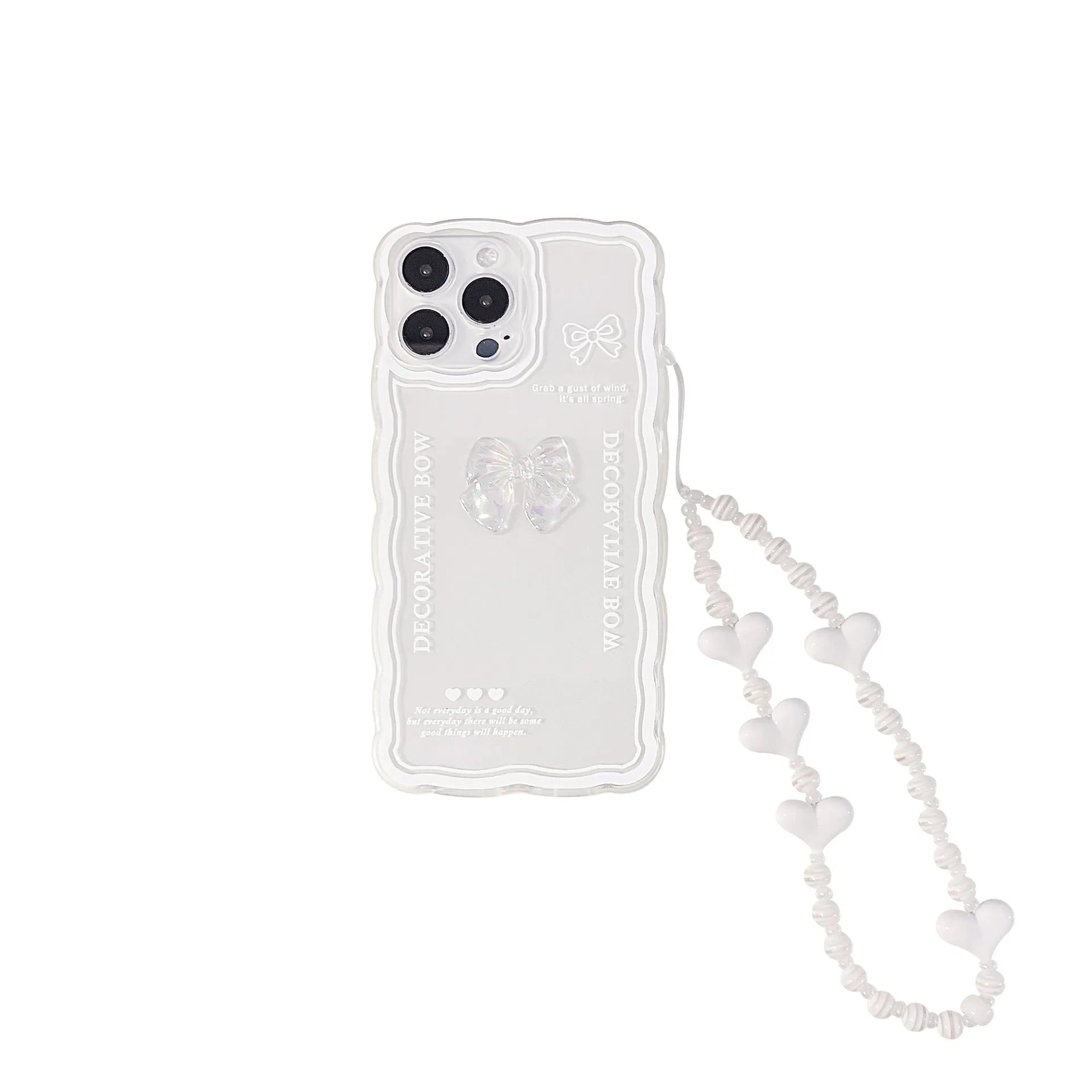 Clear transparent iPhone case with a raised 3D ice-effect bow design on the back.