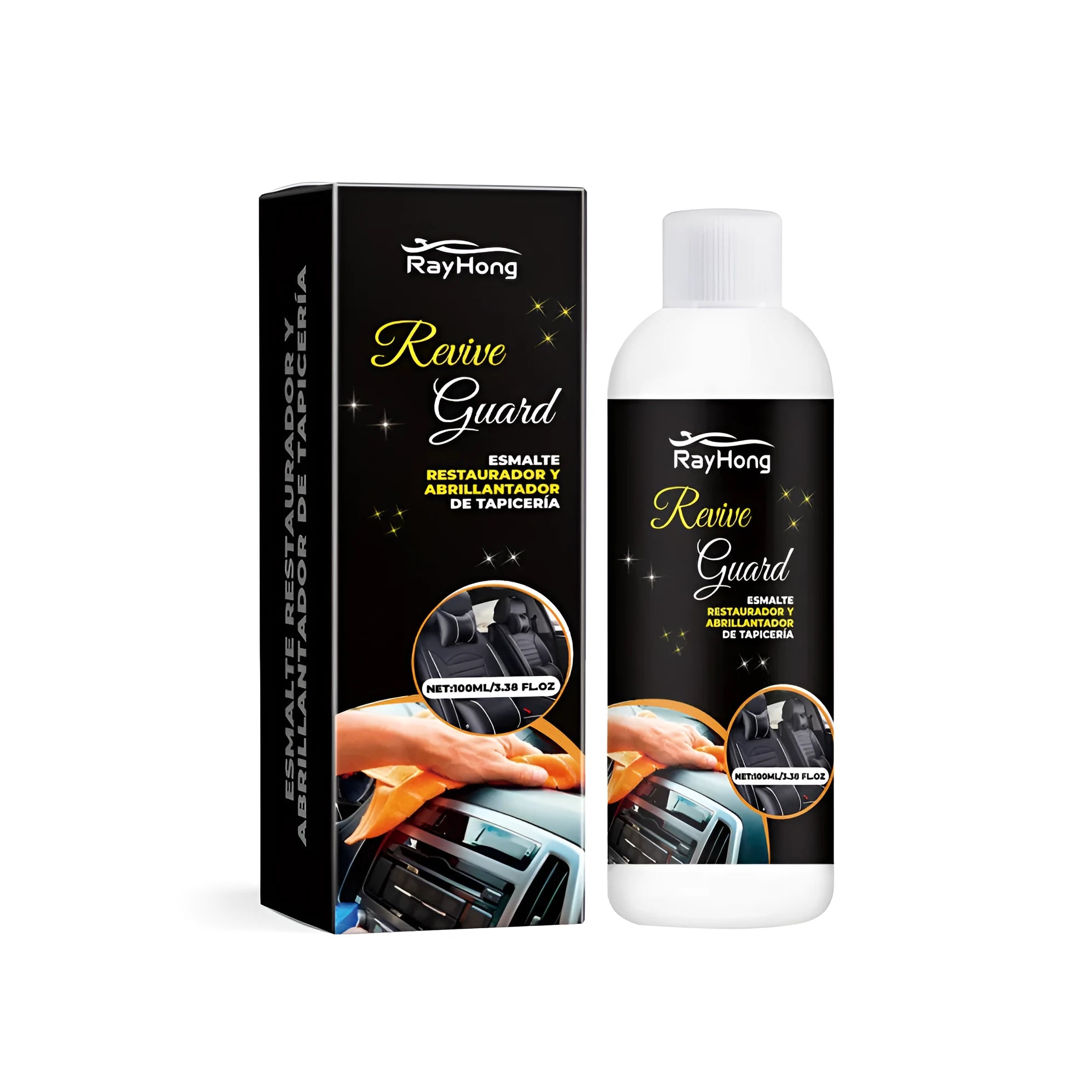 Container of car interior polish paste for plastic dashboard and leather repair maintenance.