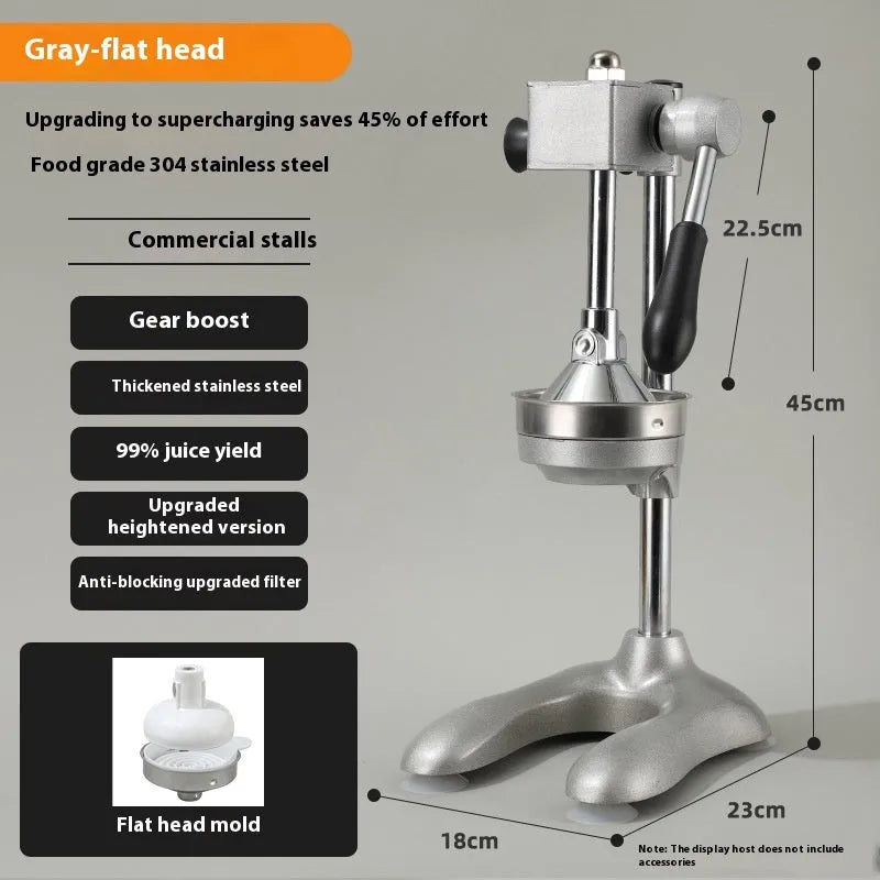 Stainless steel manual vertical citrus juicer on a countertop, showing optional colour finishes and head styles.