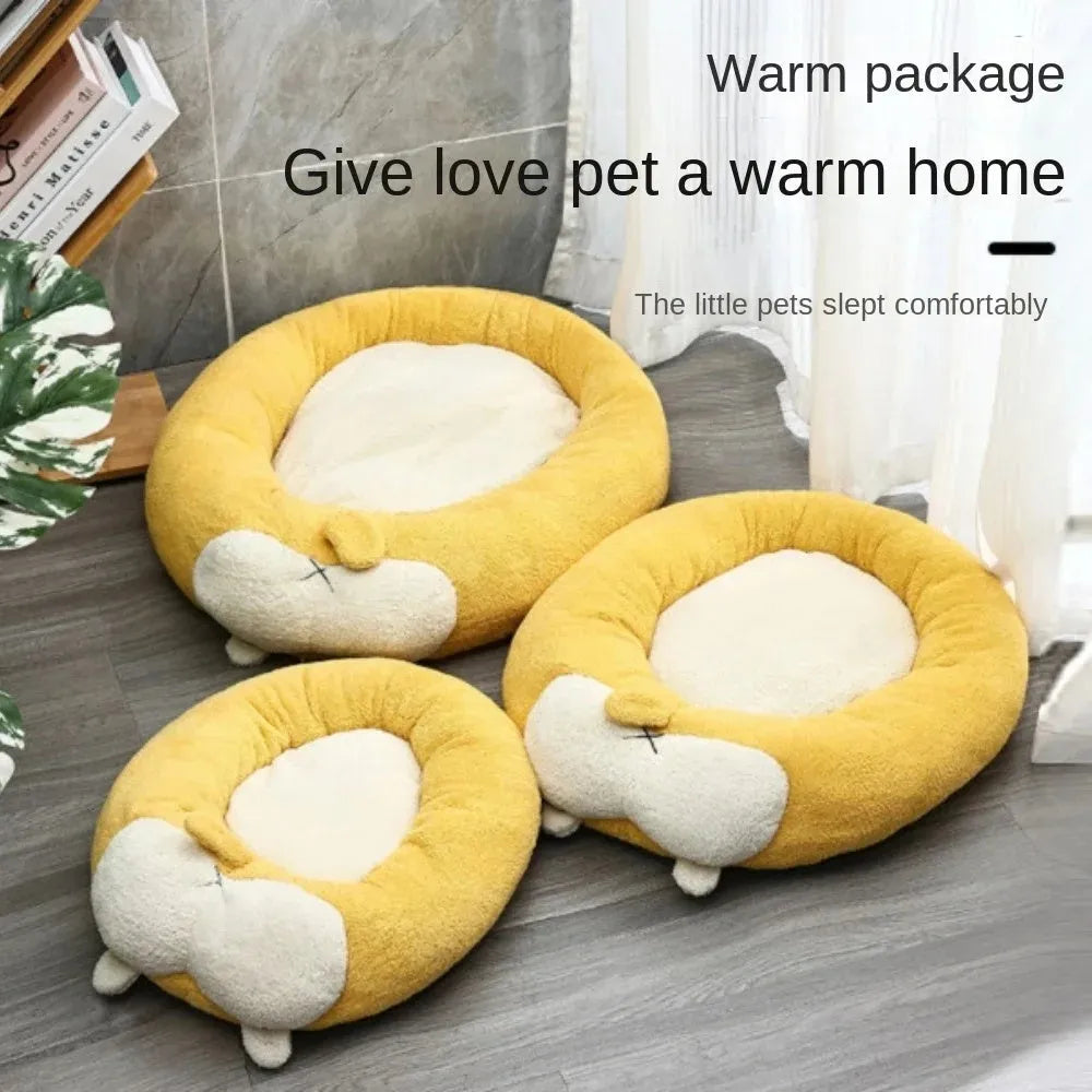Brown and white corgi-shaped plush pet bed for dogs or cats
