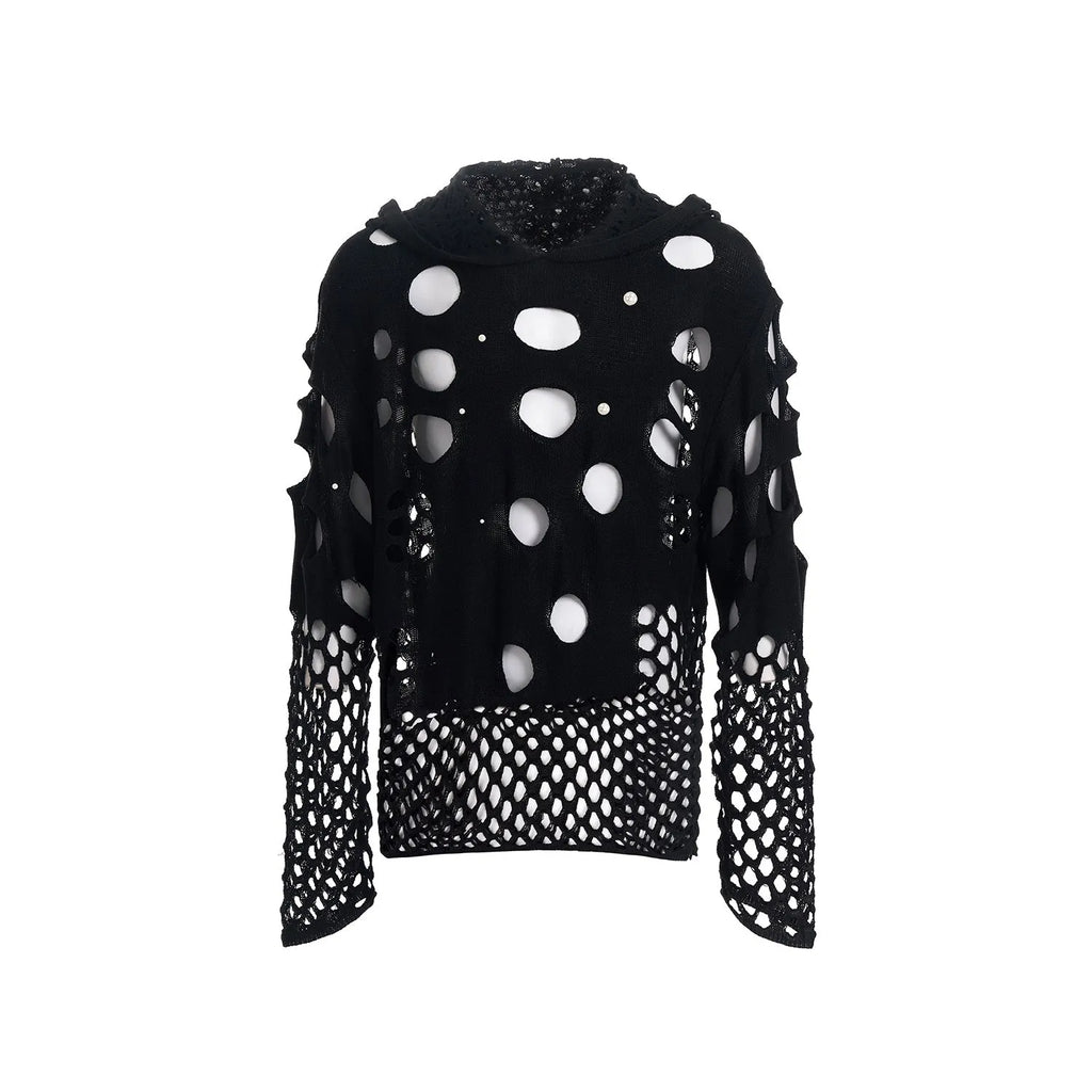 Black men's hoodie with hollow hood and pearl decoration showing loose fit