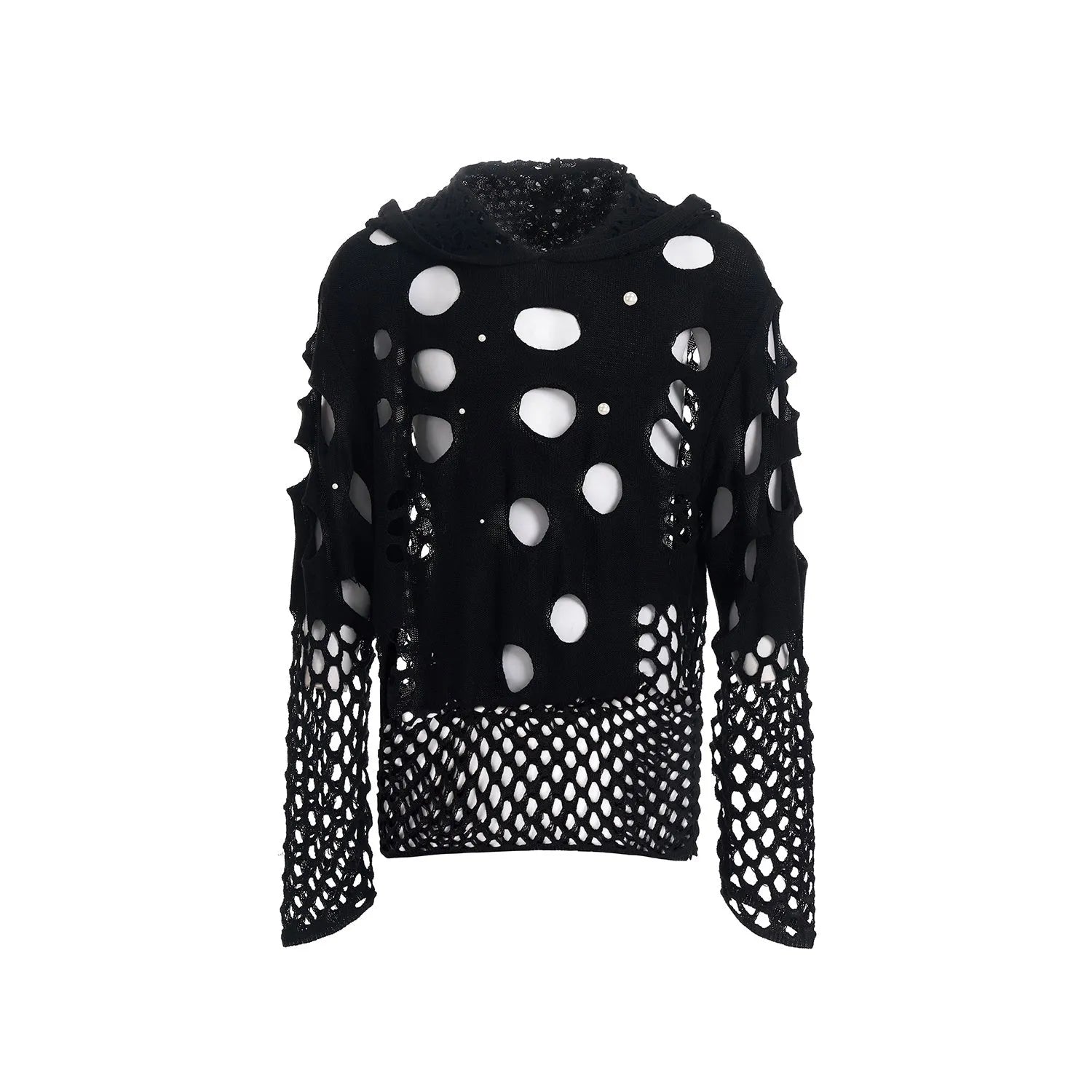 Black men's hoodie with hollow hood and pearl decoration showing loose fit