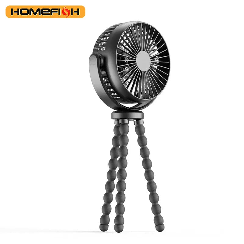 HOMEFISH F2 portable fan with automatic head shake, LED light, and removable mounting bracket.