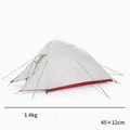 Double layer rain proof camping tent with aluminium alloy poles in sprout green colour set up outdoors
