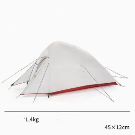Double layer rain proof camping tent with aluminium alloy poles in sprout green colour set up outdoors