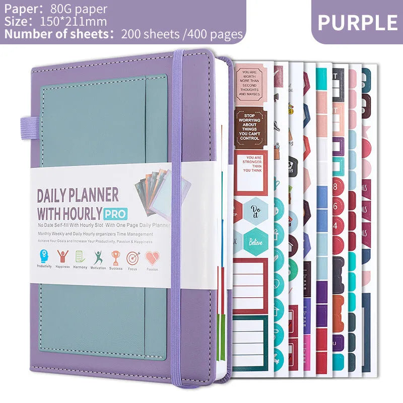 Creative trend undated notebook with strap closure in purple, available with planning stickers.