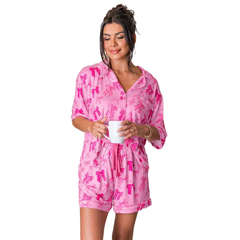 Pink bow print polyester pyjama set with top and pants for sleepwear