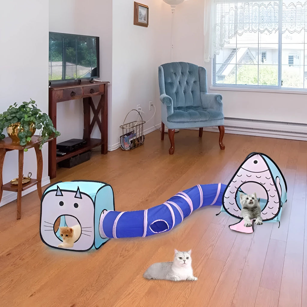 Foldable grey cat tunnel with cat and fish pattern, shown collapsed and set up.
