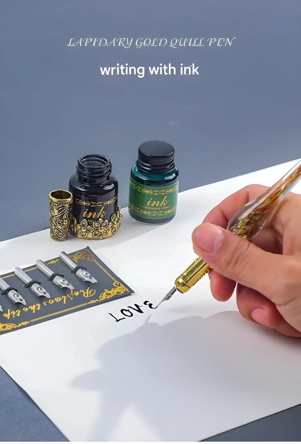 Gray mechanical feather fountain pen set with metal alloy body and decorative feather