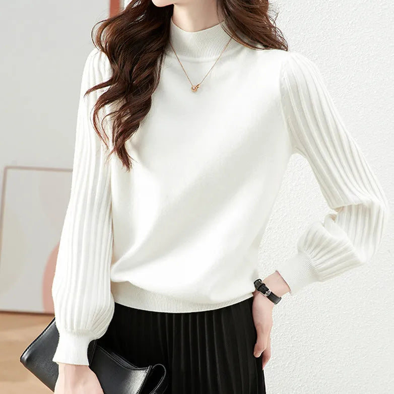 Slimming half turtleneck bottoming shirt with sunken stripe pattern in apricot colour