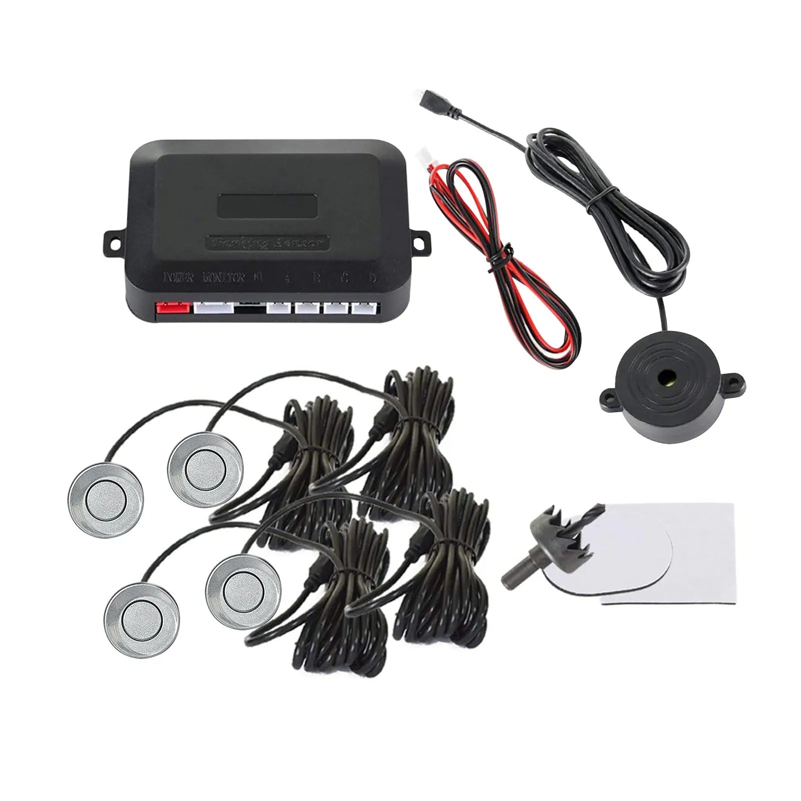 Car parking sensor reversing radar system with four ultrasonic sensors and buzzer alert module