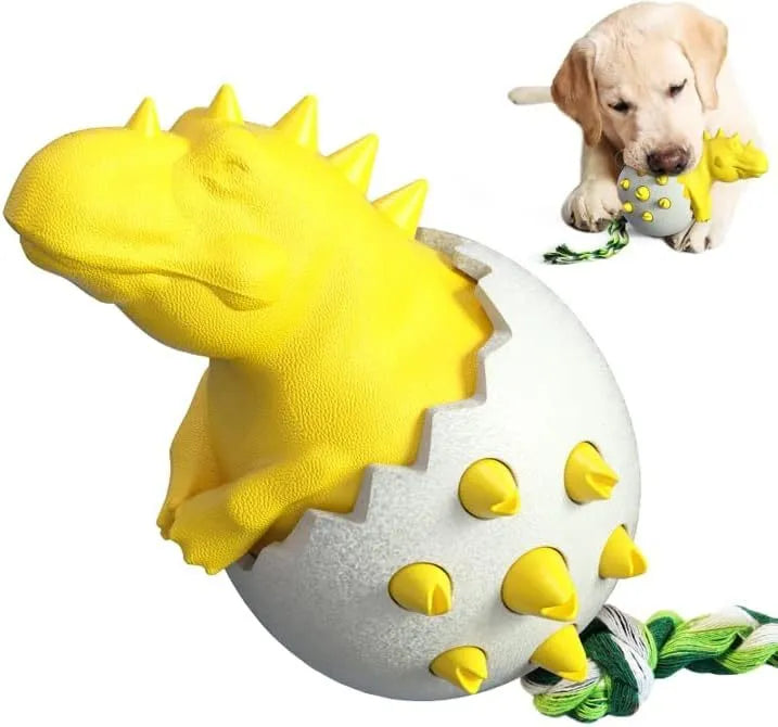Dinosaur-shaped natural rubber dog chew toy with rope attachment in blue, green, orange or yellow
