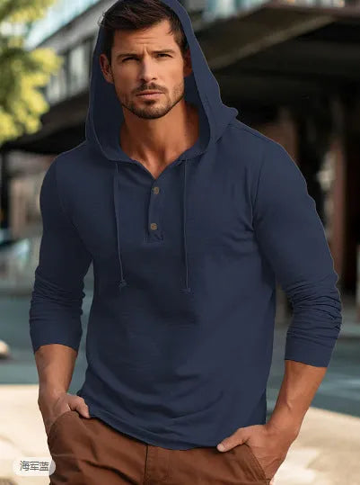 Men's cotton hooded sweatshirt in dark blue with pullover design and long sleeves