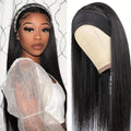 Headband wig with long straight black hair and integrated headband