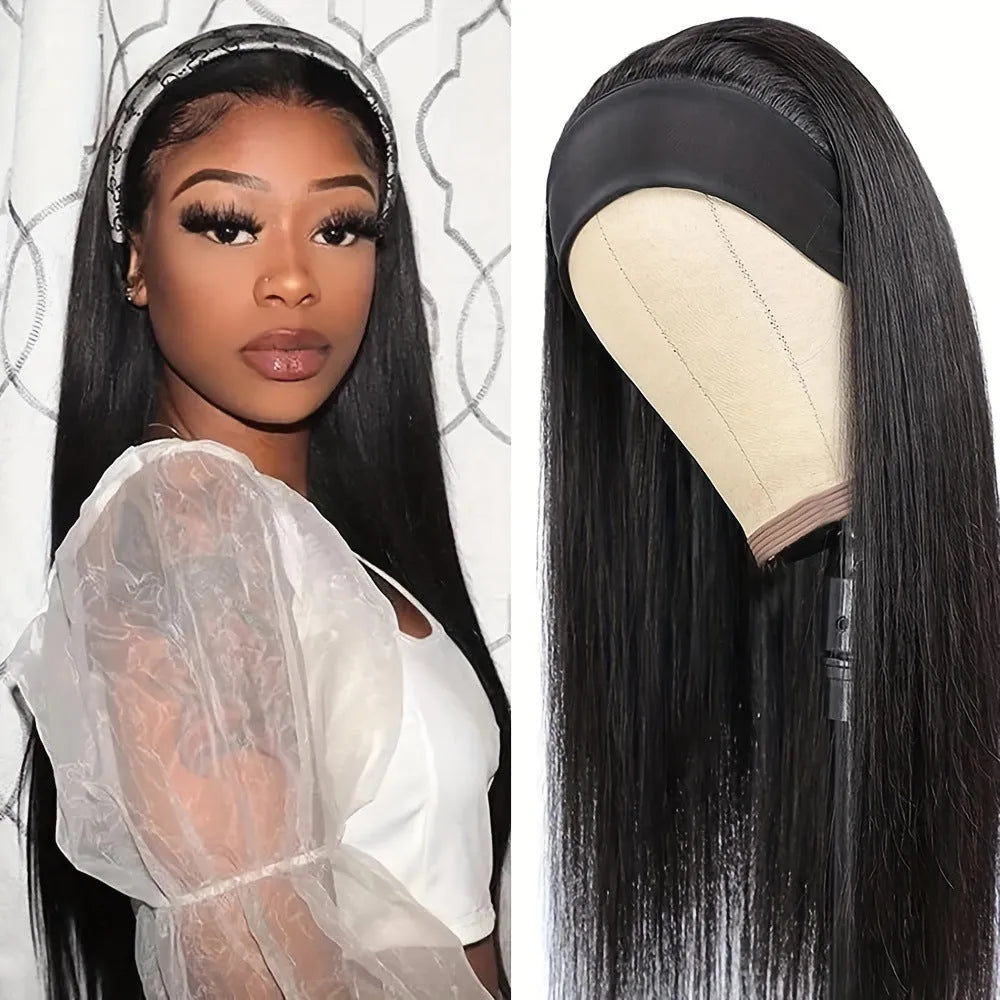 Headband wig with long straight black hair and integrated headband