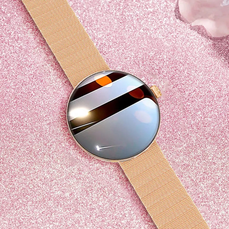 Smart watch with circular colour screen and metal strap showing heart rate monitoring display