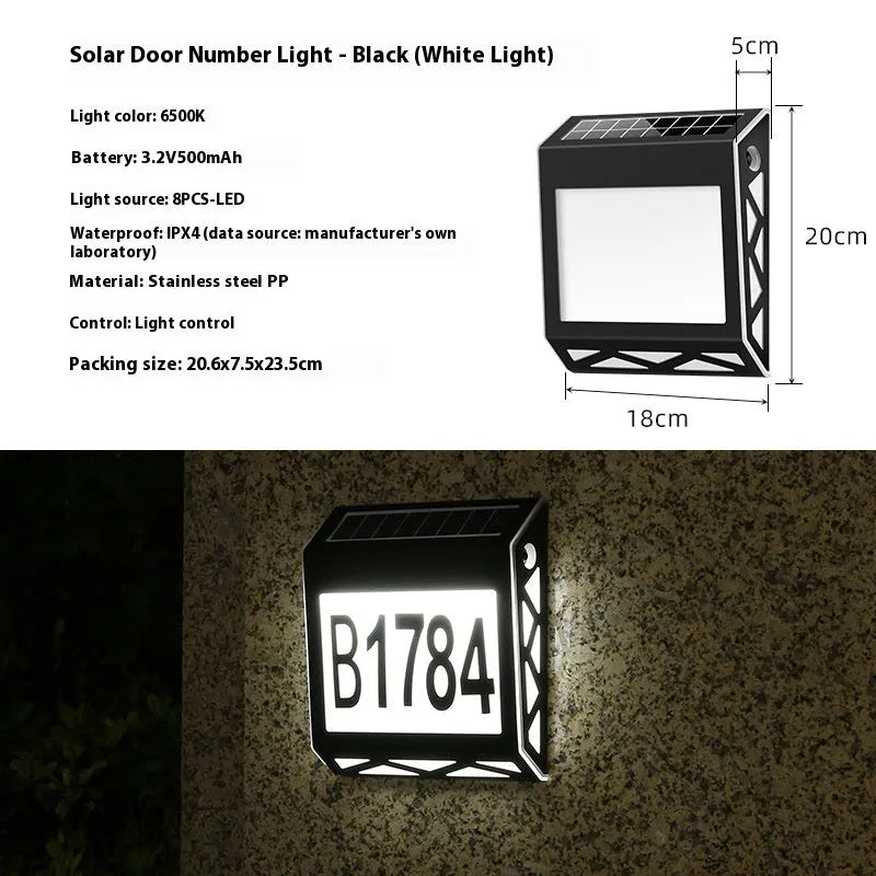 Solar powered doorplate light with LED indicator in black or silver finish, measuring 180x50x200mm