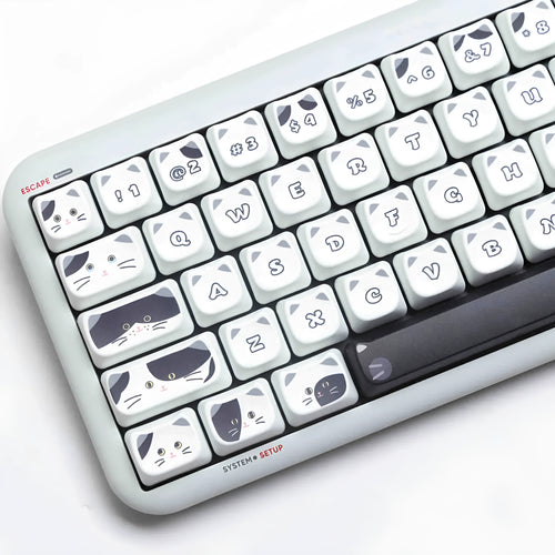 Full set of black and white kitten sublimation keycaps on a mechanical keyboard, PBT material, MAO profile