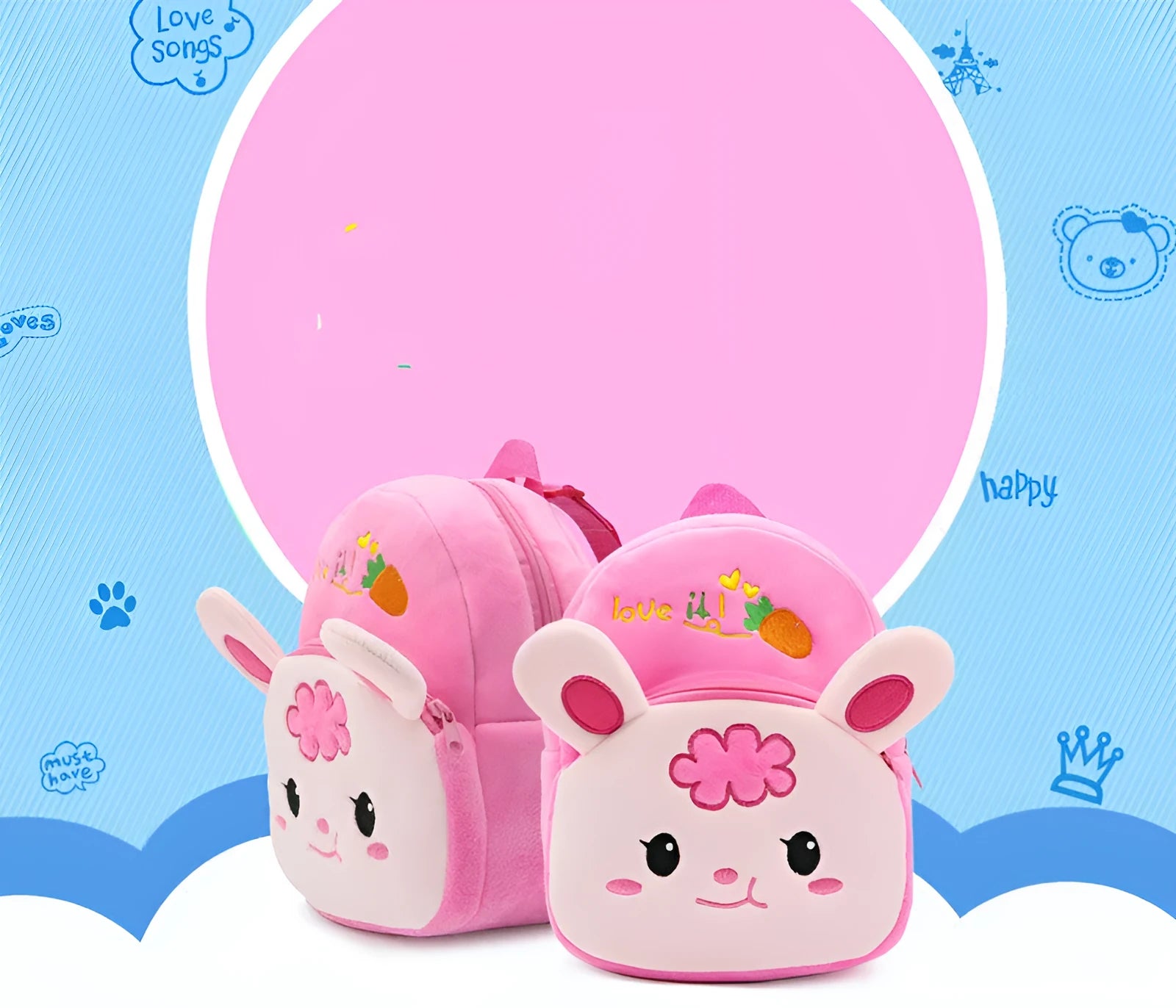 Soft plush backpack with cartoon Radish Rabbit design, small size, anime pattern, polyester lining