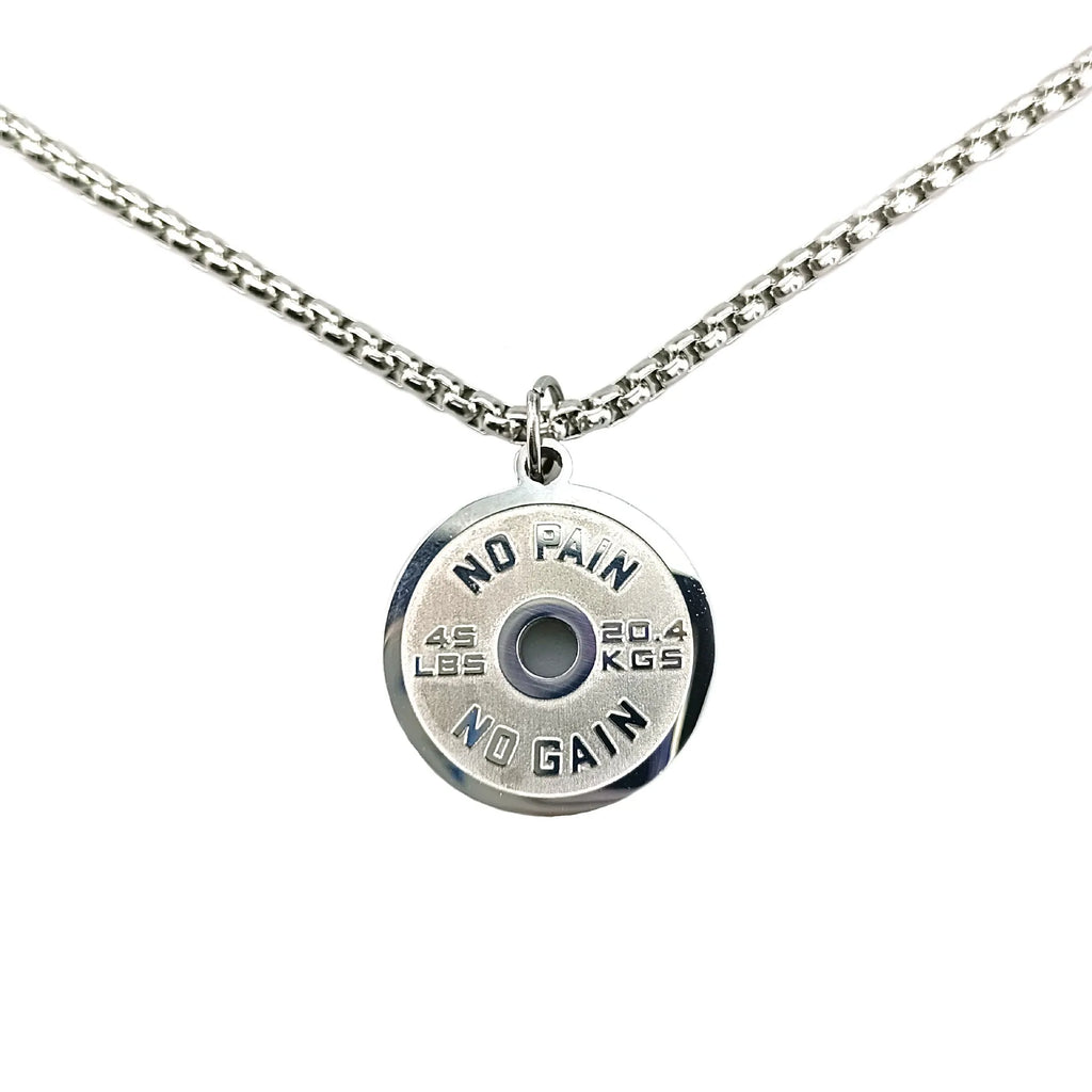 Polished stainless steel geometric barbell disk necklace on a choice of 60cm chains.