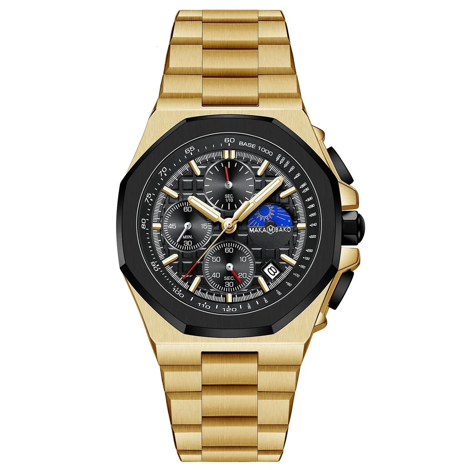 Sun Moon Star multi-function waterproof watch for men quartz mineral glass stainless steel buckle 12mm