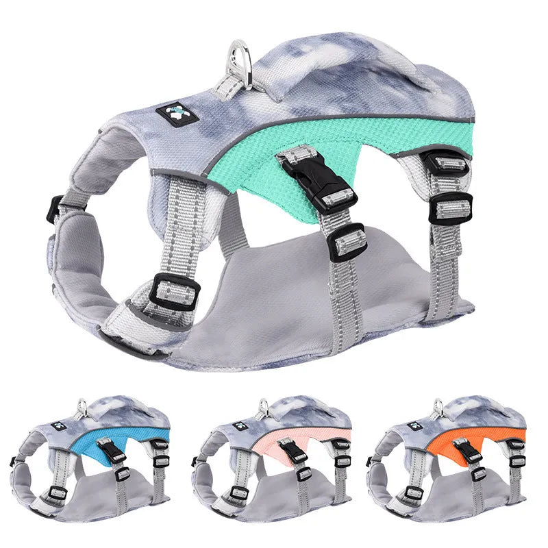 Reflective pet cooling vest chest strap in light blue, pink, dark blue, and orange colour options.