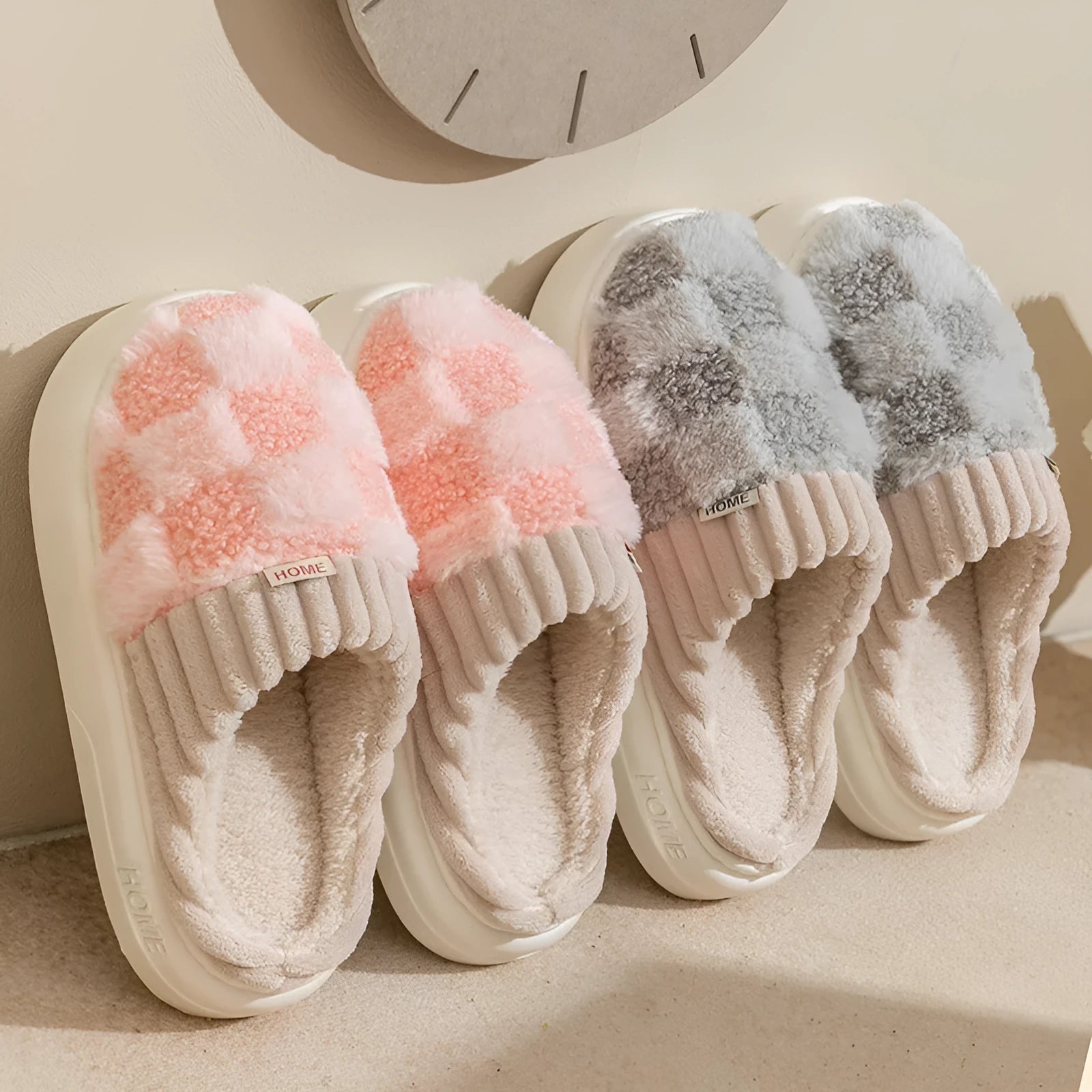 Plaid pattern women's plush slippers with round toe and non-slip sole in multiple colours