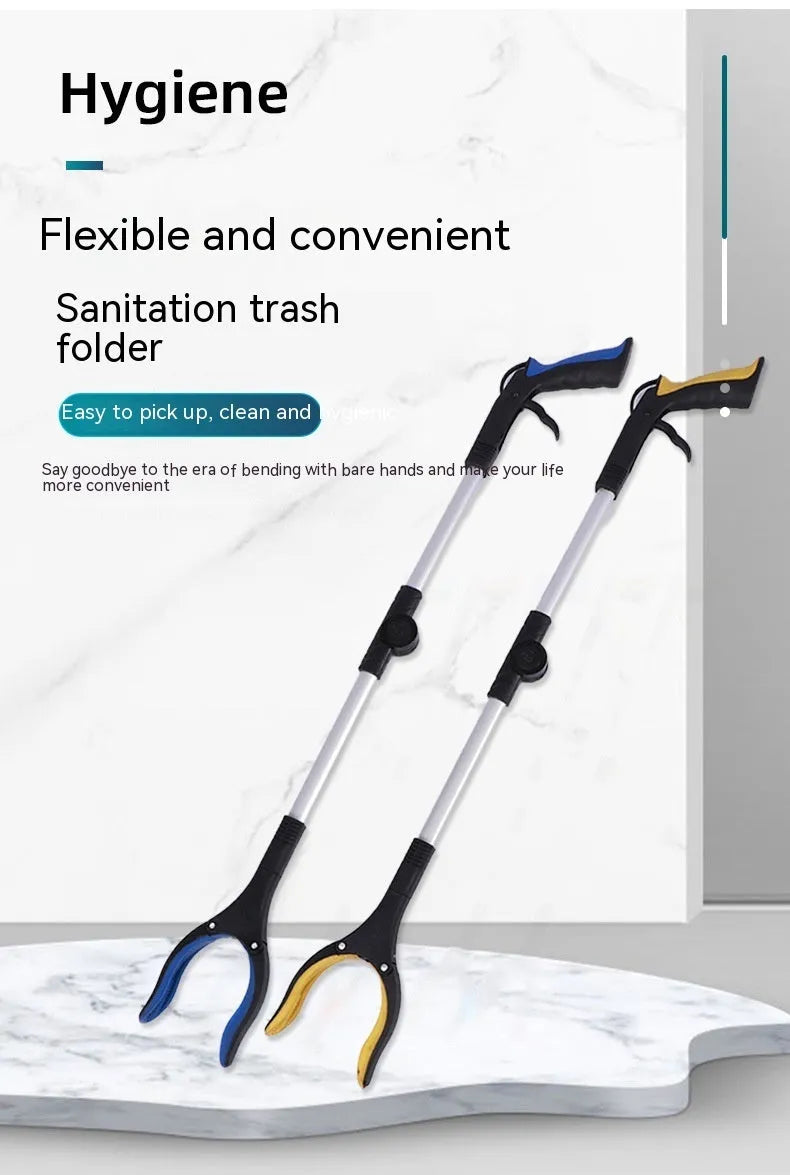 Folding aluminium rubbish clamp with magnetic tip, shown extended and collapsed, with blue handle option.
