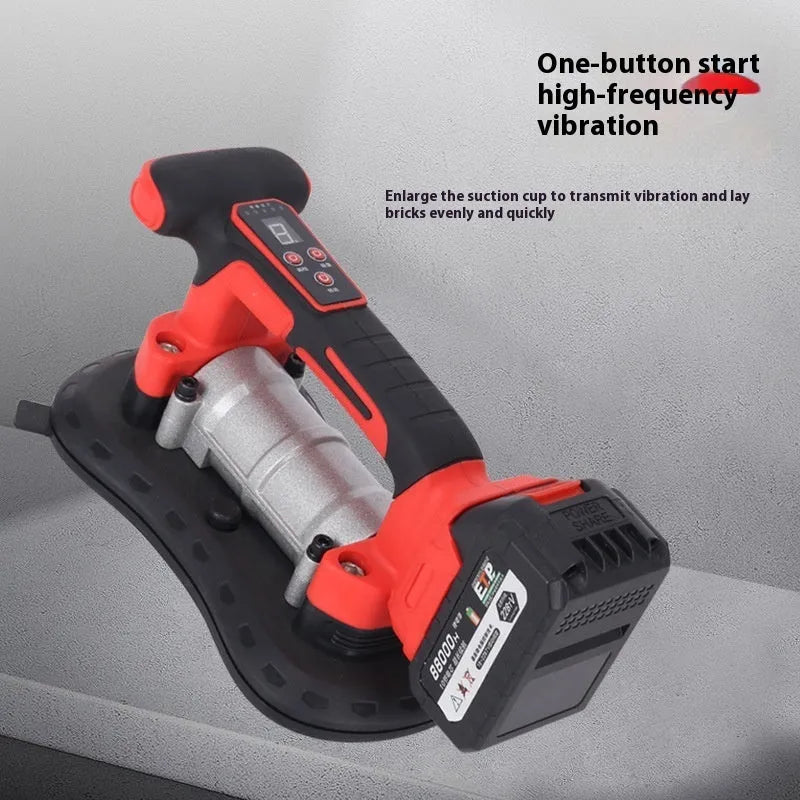 Cordless tile laying machine with digital display showing settings, placed next to ceramic tiles
