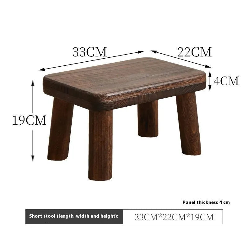 Distressed solid wood household stool with a bracket structure frame for shoe changing.