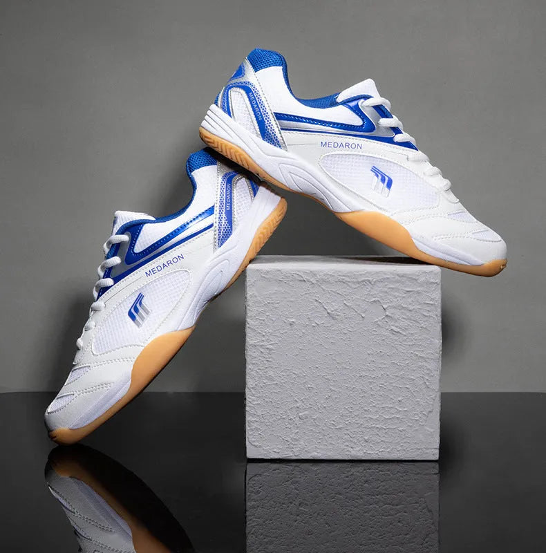 Mesh table tennis sneakers 615 white blue with synthetic leather upper and rubber outsole