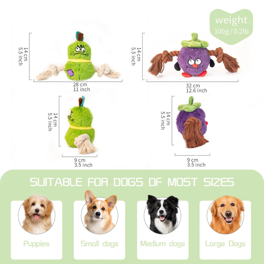 Green and purple interactive dog toy with cotton rope knots and a soft plush centre.