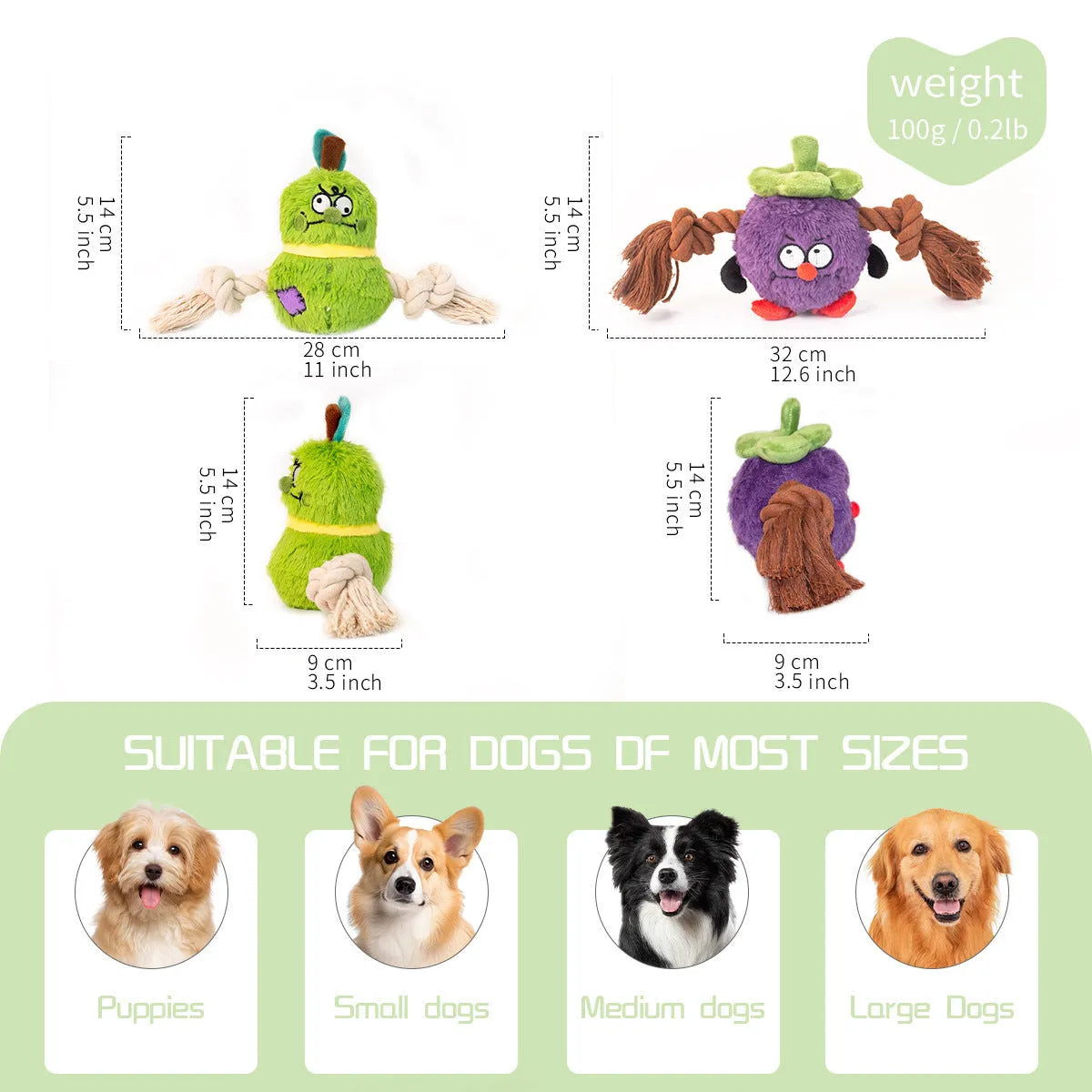 Green and purple interactive dog toy with cotton rope knots and a soft plush centre.