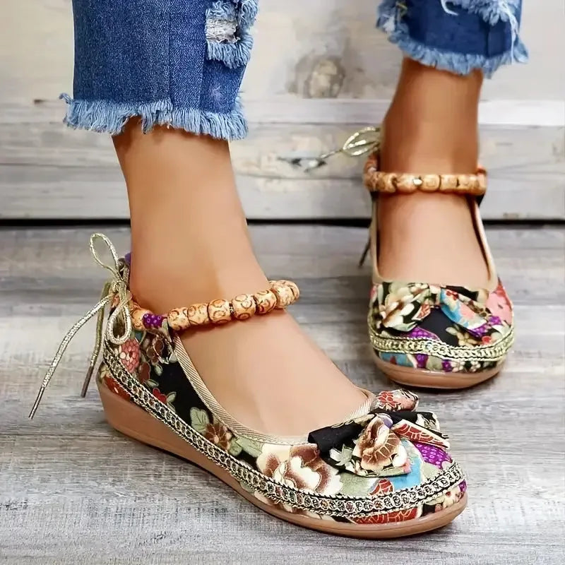Women's plus size black ethnic platform sandals with cloth upper and elastic band