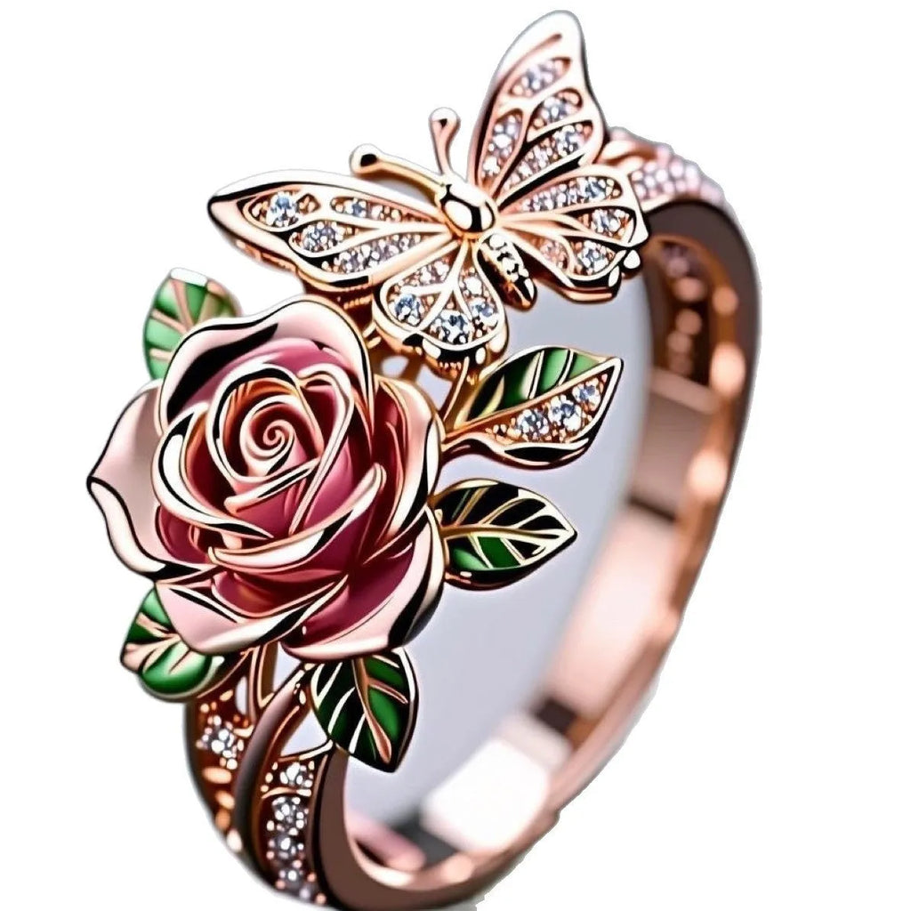 Adjustable alloy butterfly ring with oil drip colour finish and floral details