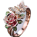 Adjustable alloy butterfly ring with oil drip colour finish and floral details