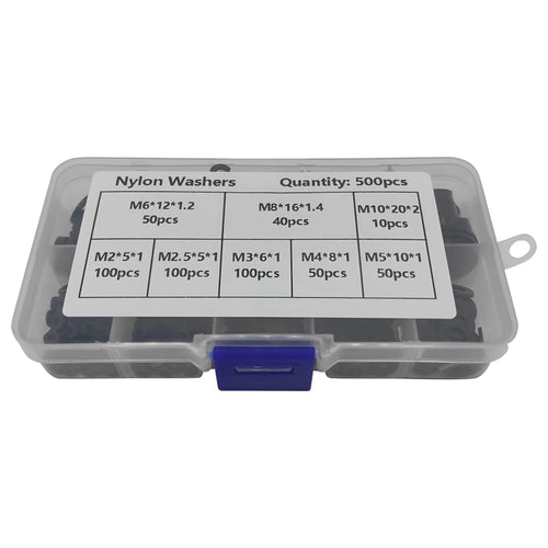 500 pack of black nylon plastic gasket washers in mixed metric sizes from M2 to M10 in a plastic storage box