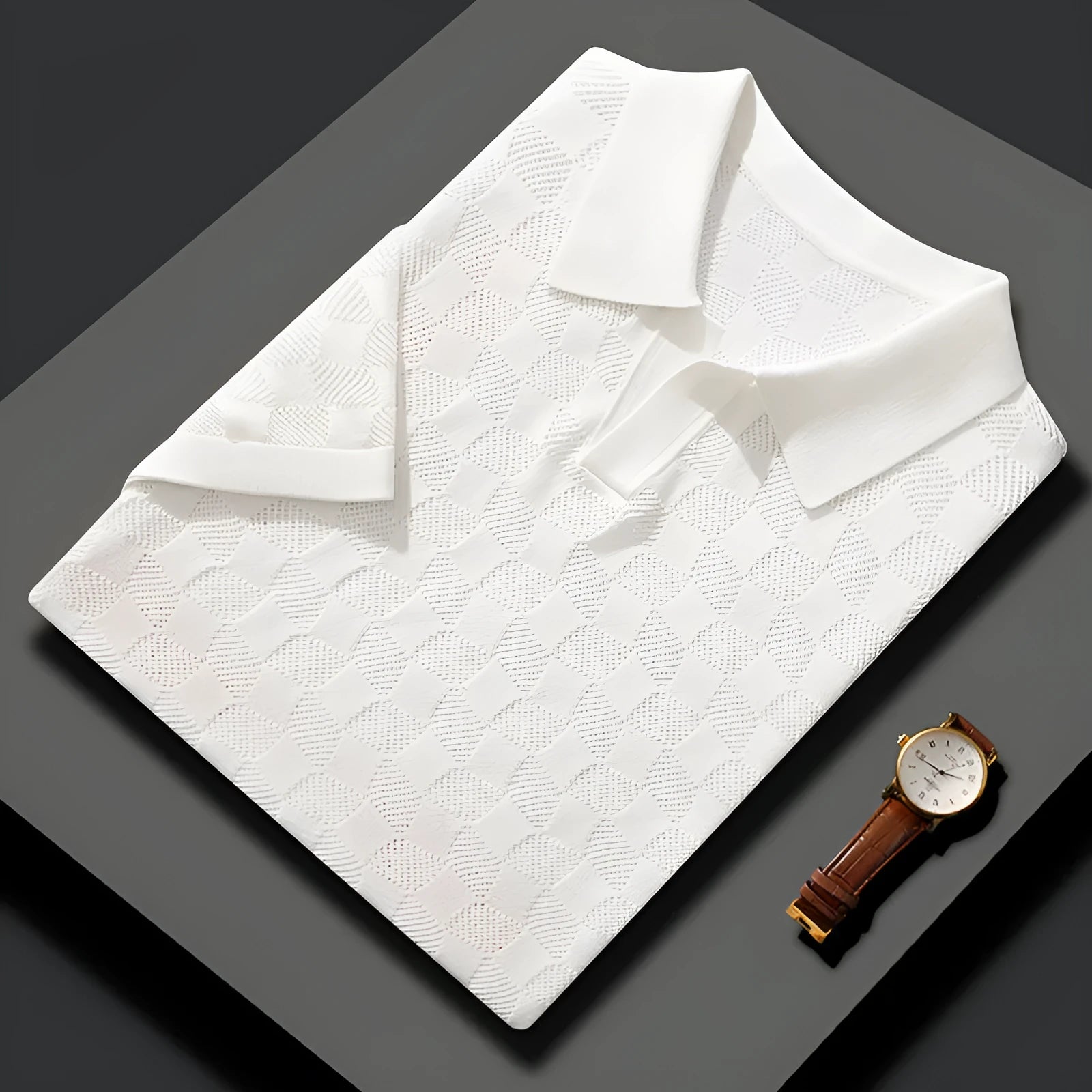 Men's short sleeve lapel sweater in mulberry silk, shown in a solid colour.