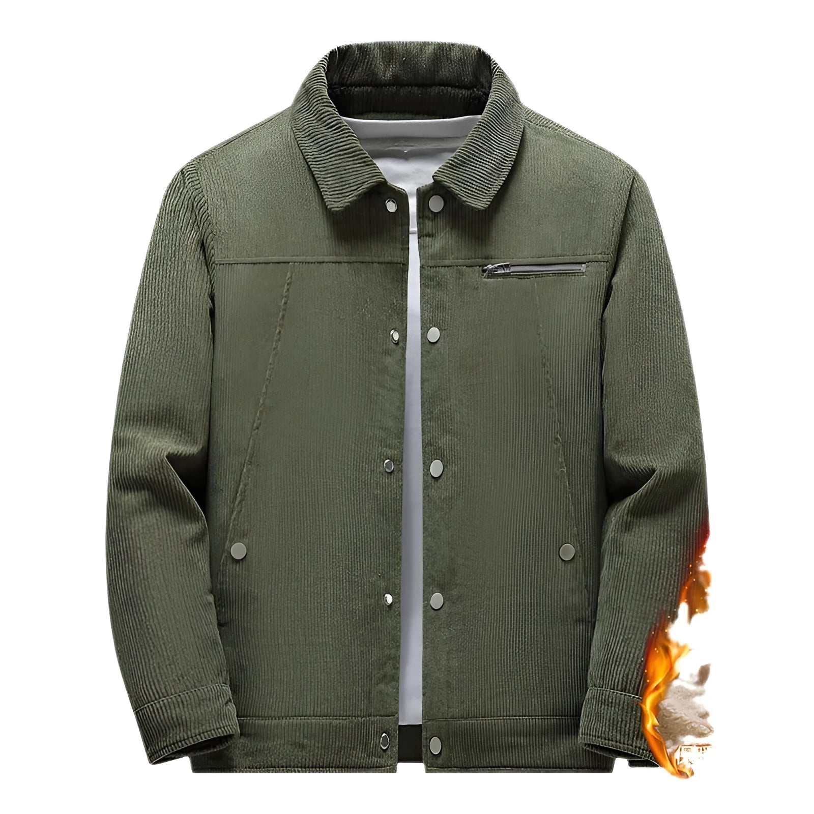 Winter slim retro corduroy jacket with lapels and side pockets in army green on a mannequin