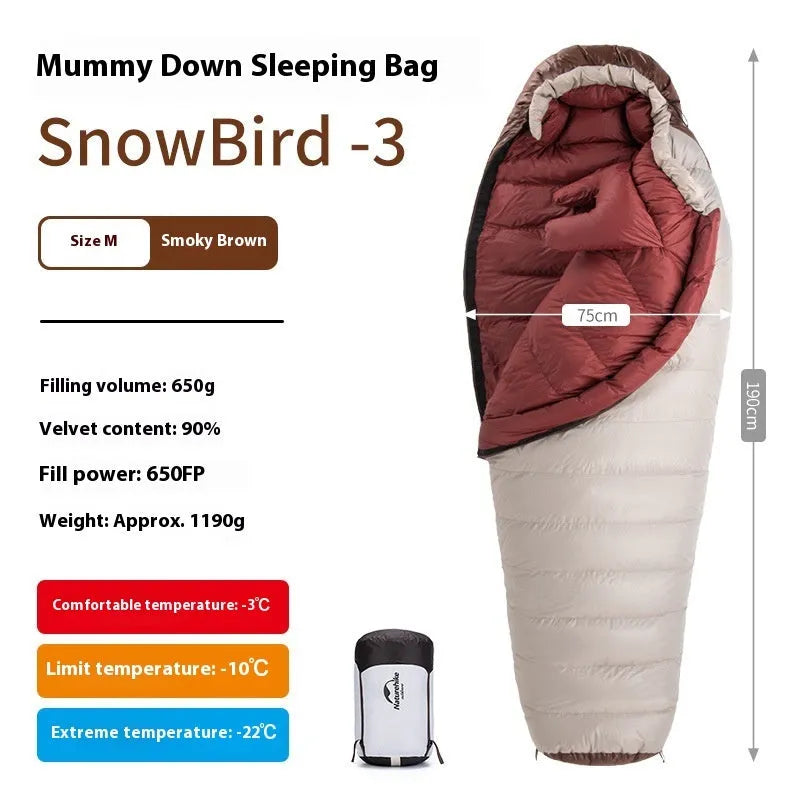 Goose down mummy sleeping bag for adults in Snowbird colour with storage bag
