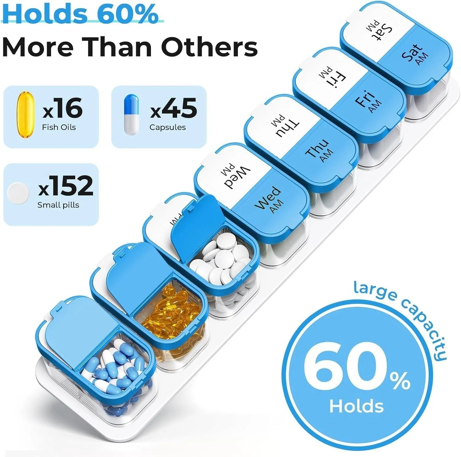 Extra large portable pill box with 14 removable compartments in white or rainbow colour, dimensions 327x65x49mm
